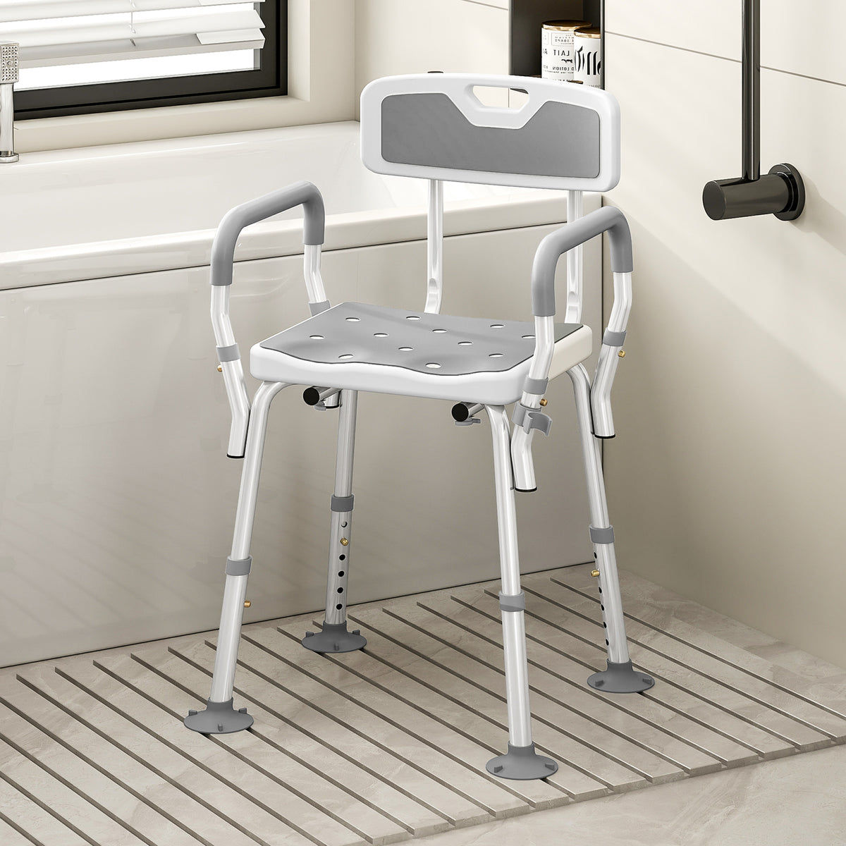 Taburete de ducha, silla de ducha ergonómica, altura regulable, patas antideslizantes, 56,5 x 53,5 x 87 cm, blanco y gris