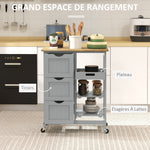 Chariot desserte de cuisine à roulettes plan de travail en bois 3 tiroirs et 1 plateau amovible 67 x 37 x 85,5 cm gris