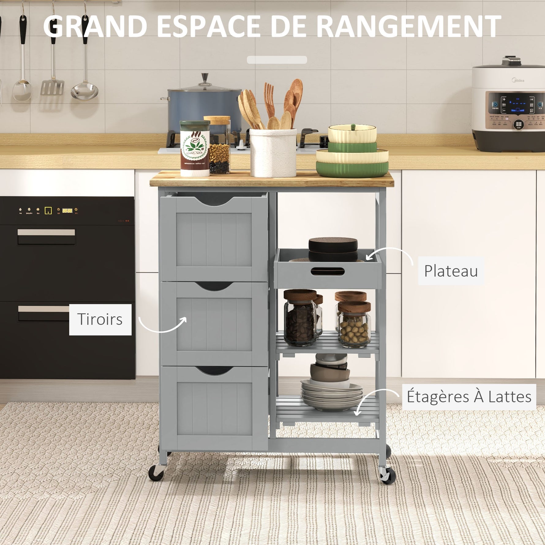 Chariot desserte de cuisine à roulettes plan de travail en bois 3 tiroirs et 1 plateau amovible 67 x 37 x 85,5 cm gris