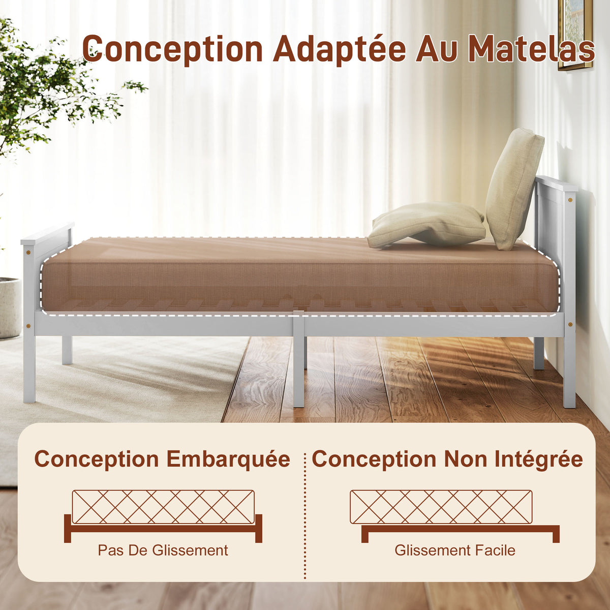 Cadre de lit 90 x 200 cm, lit simple en bois massif avec sommier à lattes tête et pied inclus, assemblage facile, blanc