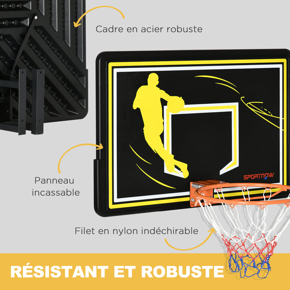 Panier de basket mural panier de basket extérieur panneau incassable filet anti-déchirure 110 x 90 x 70 cm noir