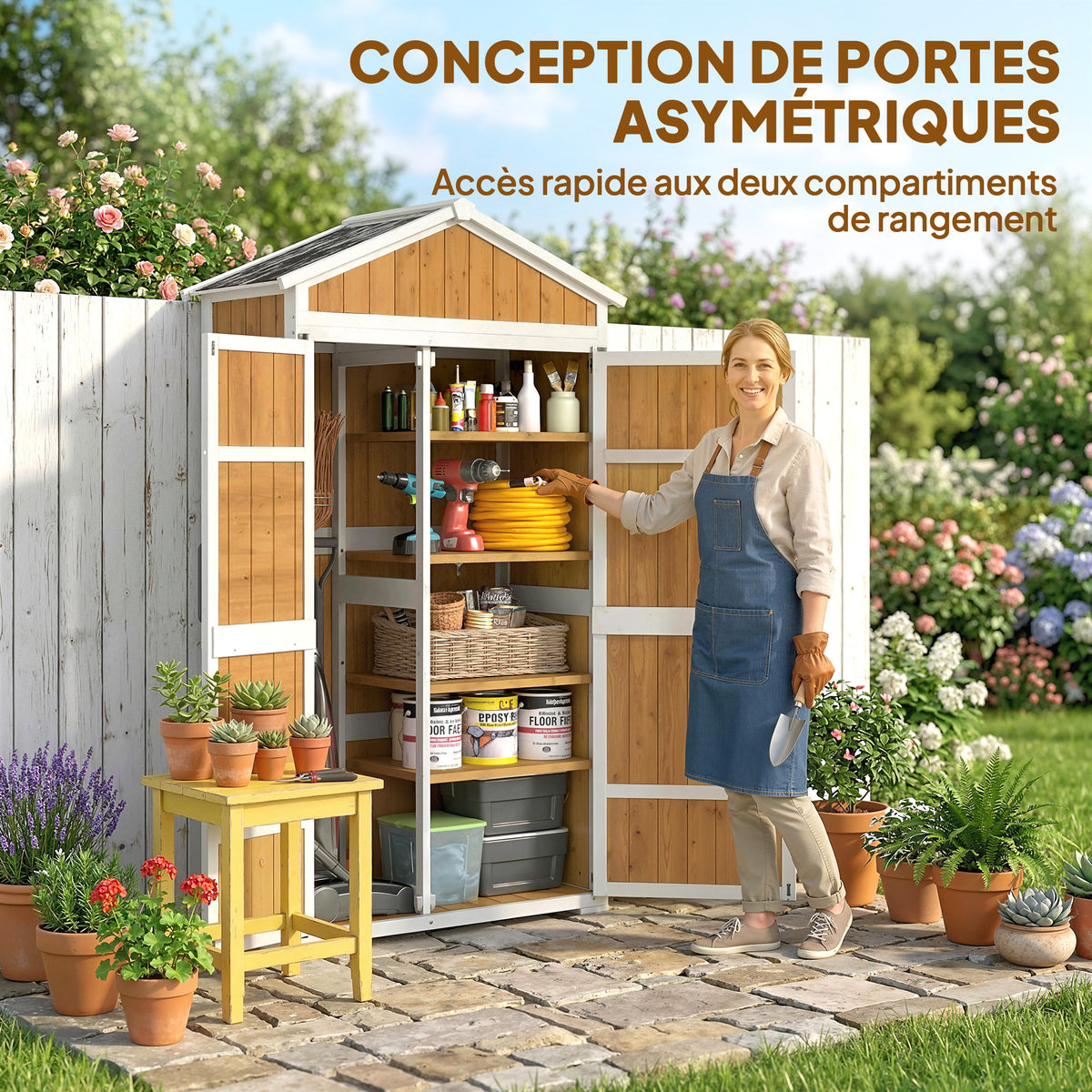 Armoire de Jardin Abri de Jardin Étanche avec Toit en Métal Double Porte pour Outils de Jardinage 105x55x179cm Naturel