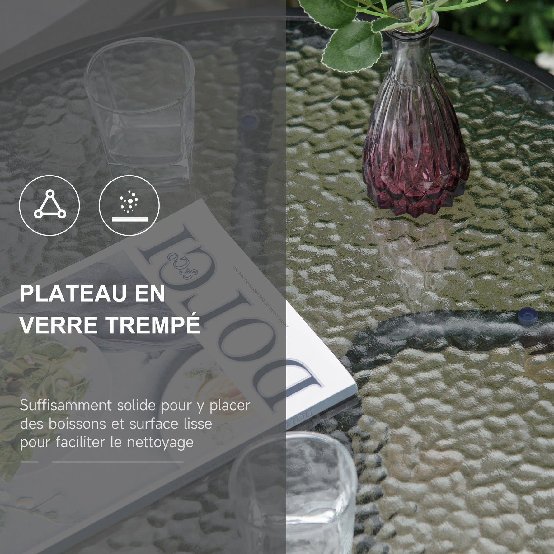 Ensemble de jardin 3 pièces 2 chaises inclinables multi-positions pliables table ronde verre trempé métal textilène gris
