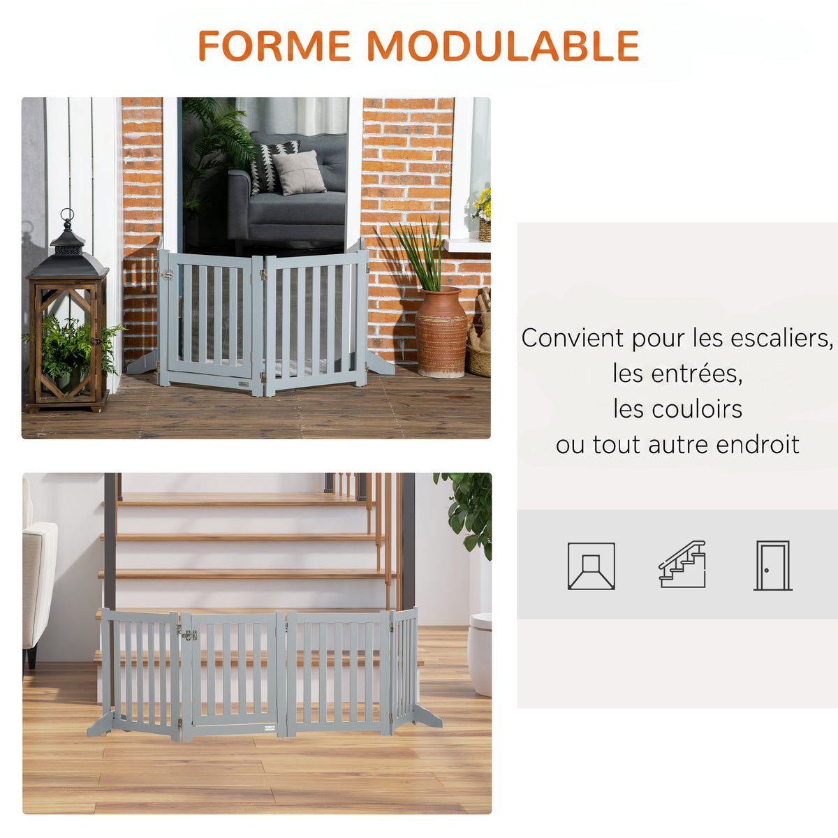 Barrière de Sécurité Chien Pliable Double Face en Bois, 4 Panneaux avec Porte, Pieds de Support, 205 x 60 cm, Gris