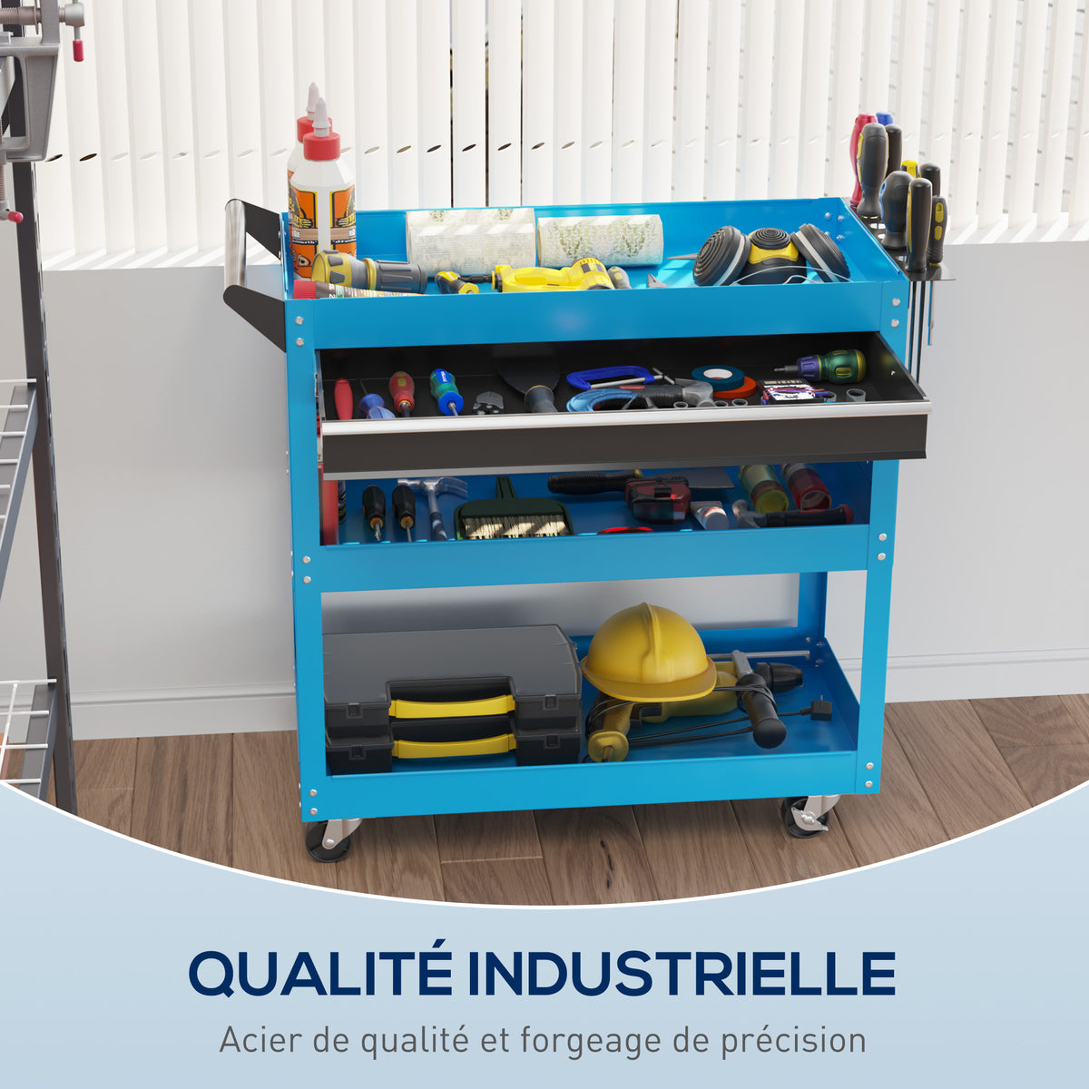 Chariot d'atelier servante atelier à 3 niveaux avec tiroir, porte-outils latéral et poignée, 82x35x76 cm, bleu