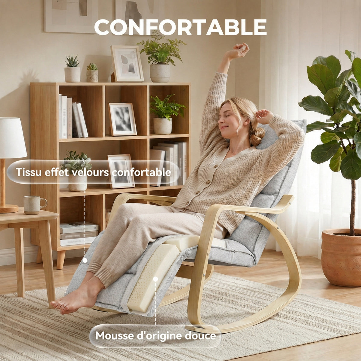 Poltrona a dondolo con poggiapiedi regolabile, sedia a dondolo con gambe in legno di betulla, 67x93x105 cm, grigio chiaro