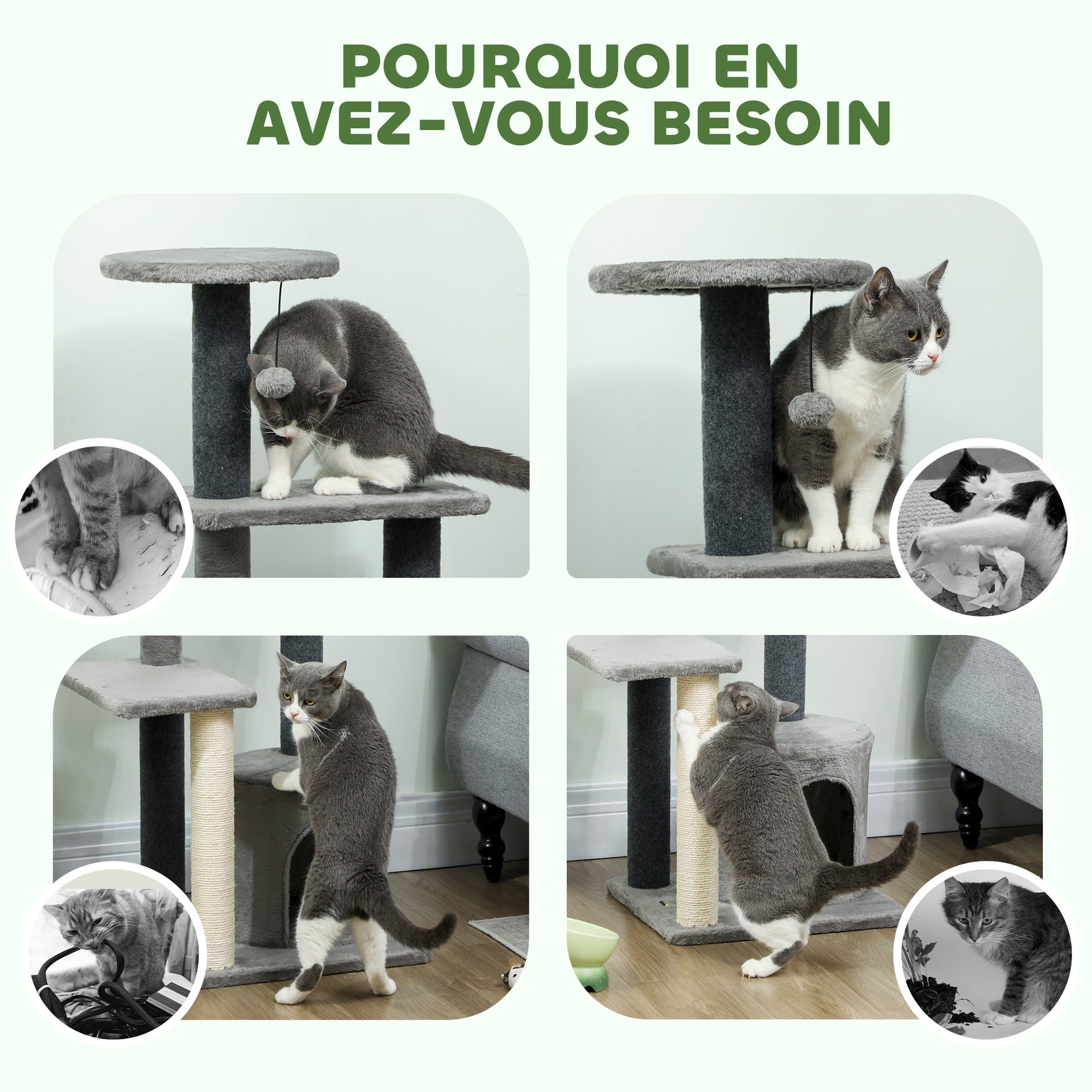 Arbre à Chat Hauteur 103 cm, Platesformes, Niche en Peluche, Balle en Peluche, Poteaux en Sisal, Base Renforcé, Gris