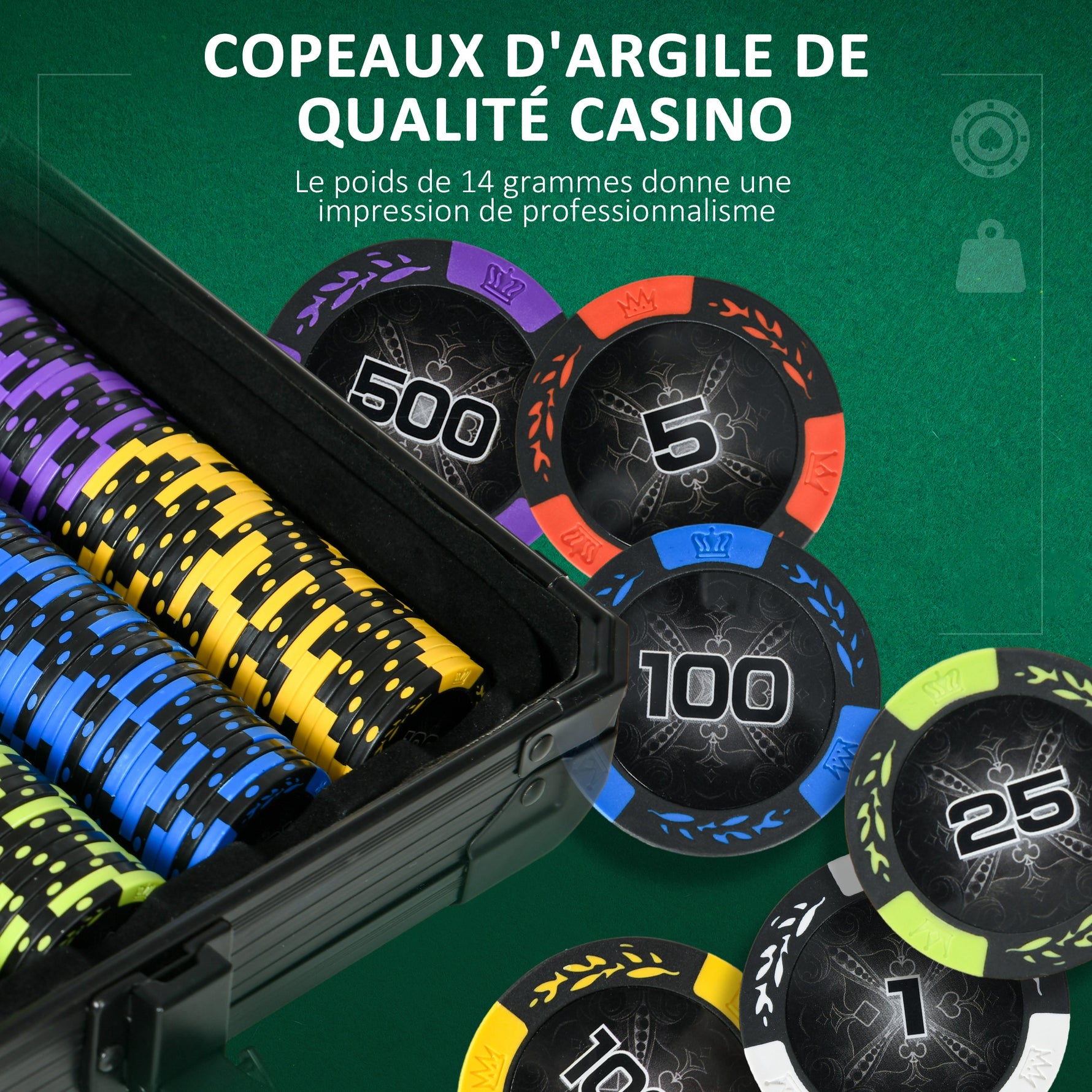 Mallette de Poker Coffret de Poker Complet, avec 500 jetons 5 dés 2 Jeux de Cartes 3 boutons