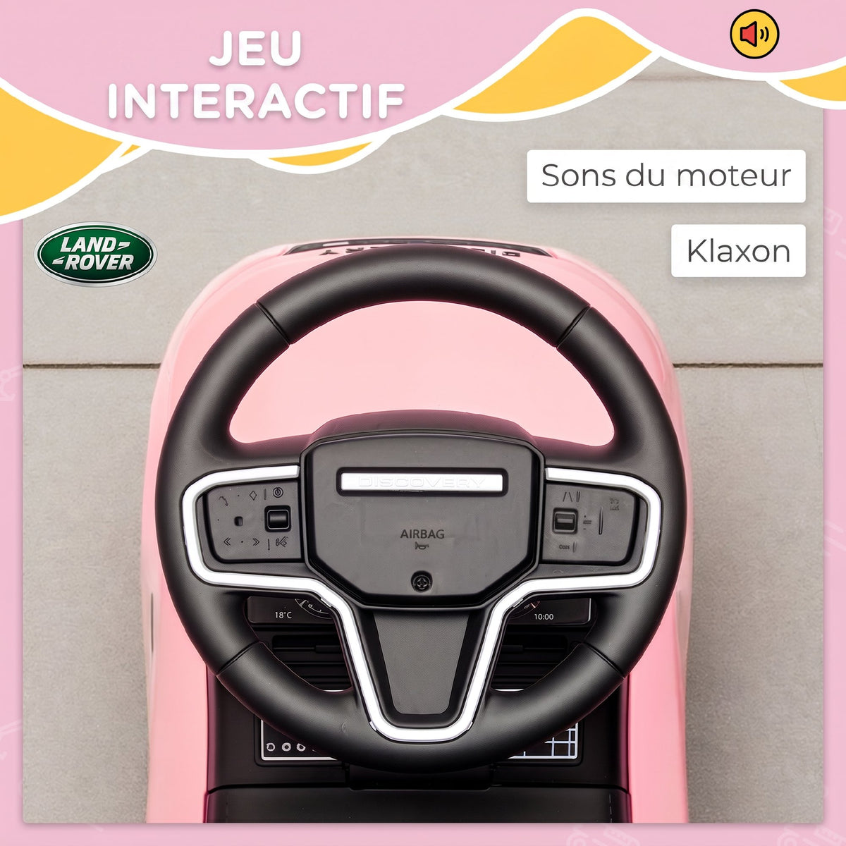 Porteur enfants voiture sous licence Land Rover, véhicule à pousser, klaxon, sons de moteur, rangement sous siège, rose