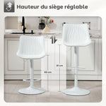 Lot de 2 tabourets de bar, chaises de bar structure en acier hauteur réglable 92-110 cm, dossier repose-pieds blanc