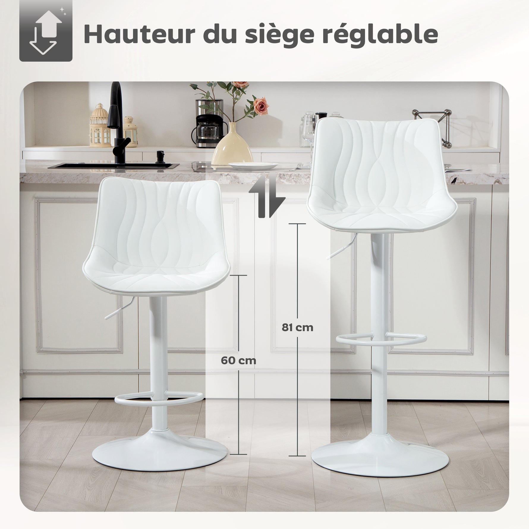 Lot de 2 tabourets de bar, chaises de bar structure en acier hauteur réglable 92-110 cm, dossier repose-pieds blanc