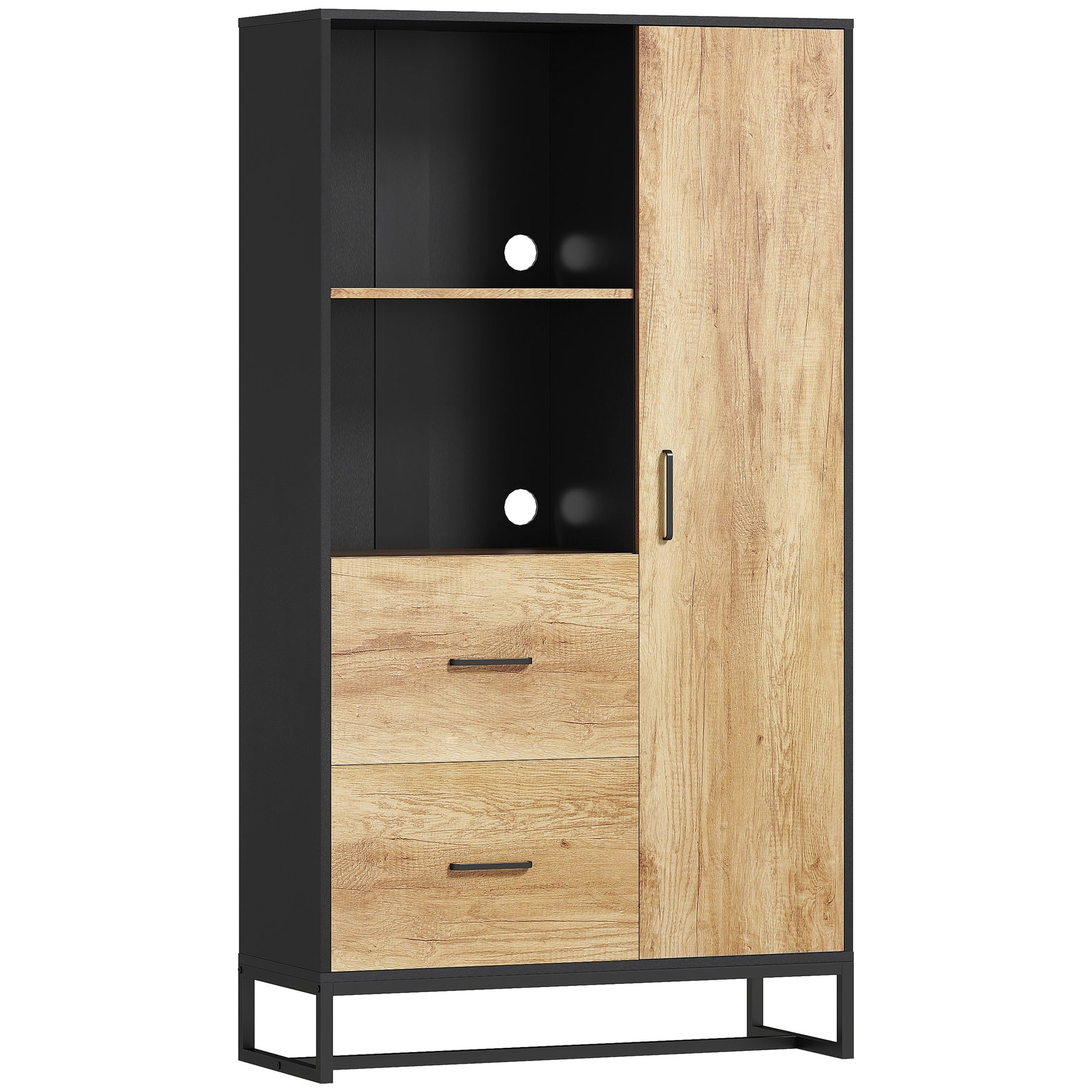 Armoire de cuisine meuble de rangement, 2 tiroirs 1 placard 2 niches et étagères réglables, 88x35x160cm, noir et naturel