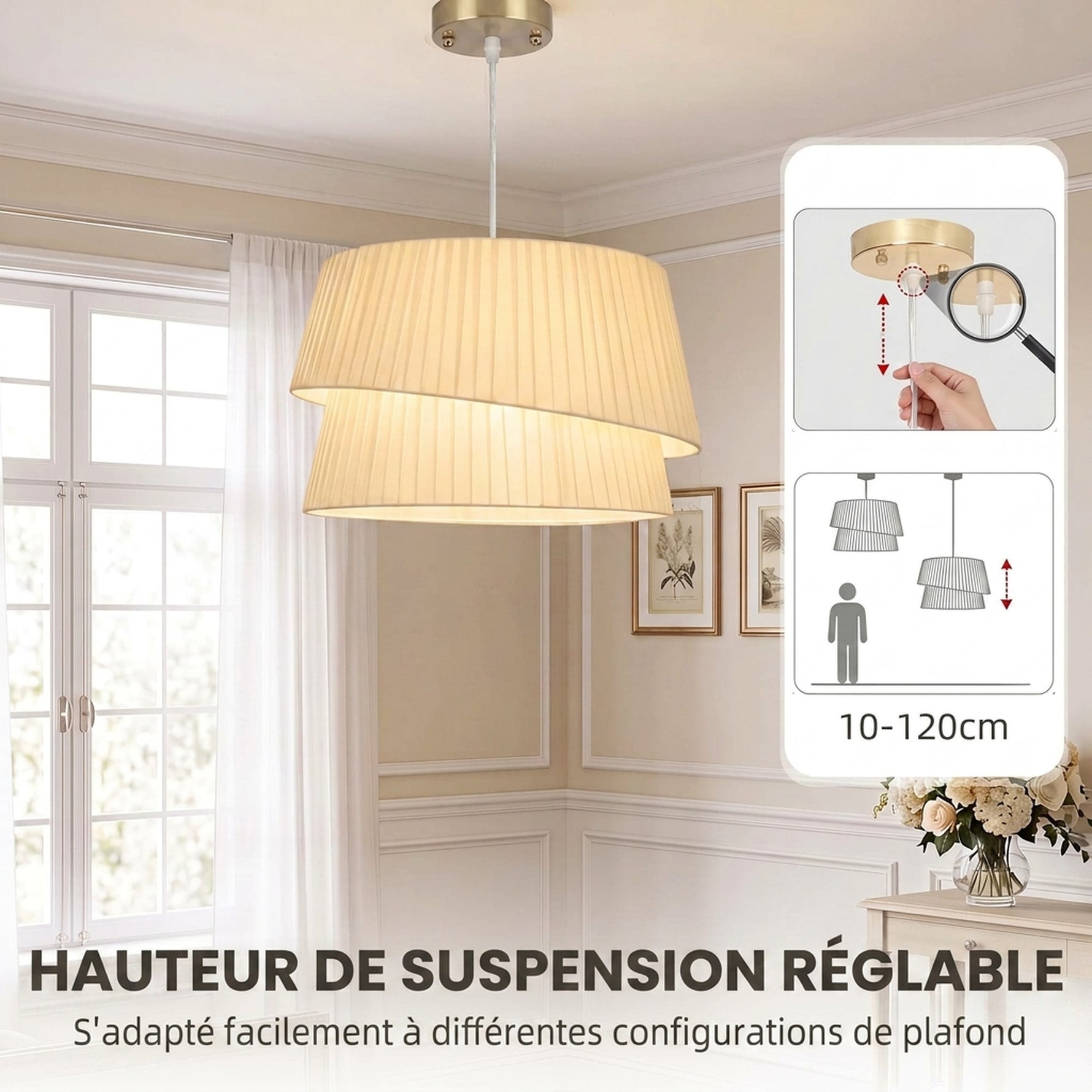 Suspension Luminaire Élégante à Double Abat-Jour, Rosace Dorée, Câble Réglable, Ampoule Non Incluse E14 40 W, Blanc