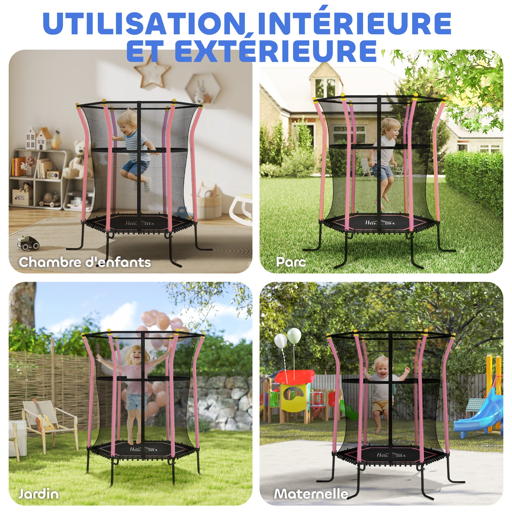 Trampoline pour enfant 1,22 x 1,11 x 1,9 m filet de sécurité porte zippée 6 poteaux rembourrés inclus rose noir