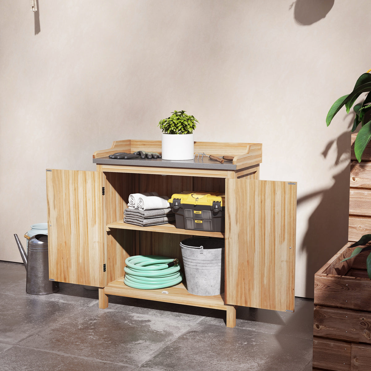 Table de rempotage armoire de rangement avec 2 étagères, plateau galvanisé patins antidérapants en bois sapin