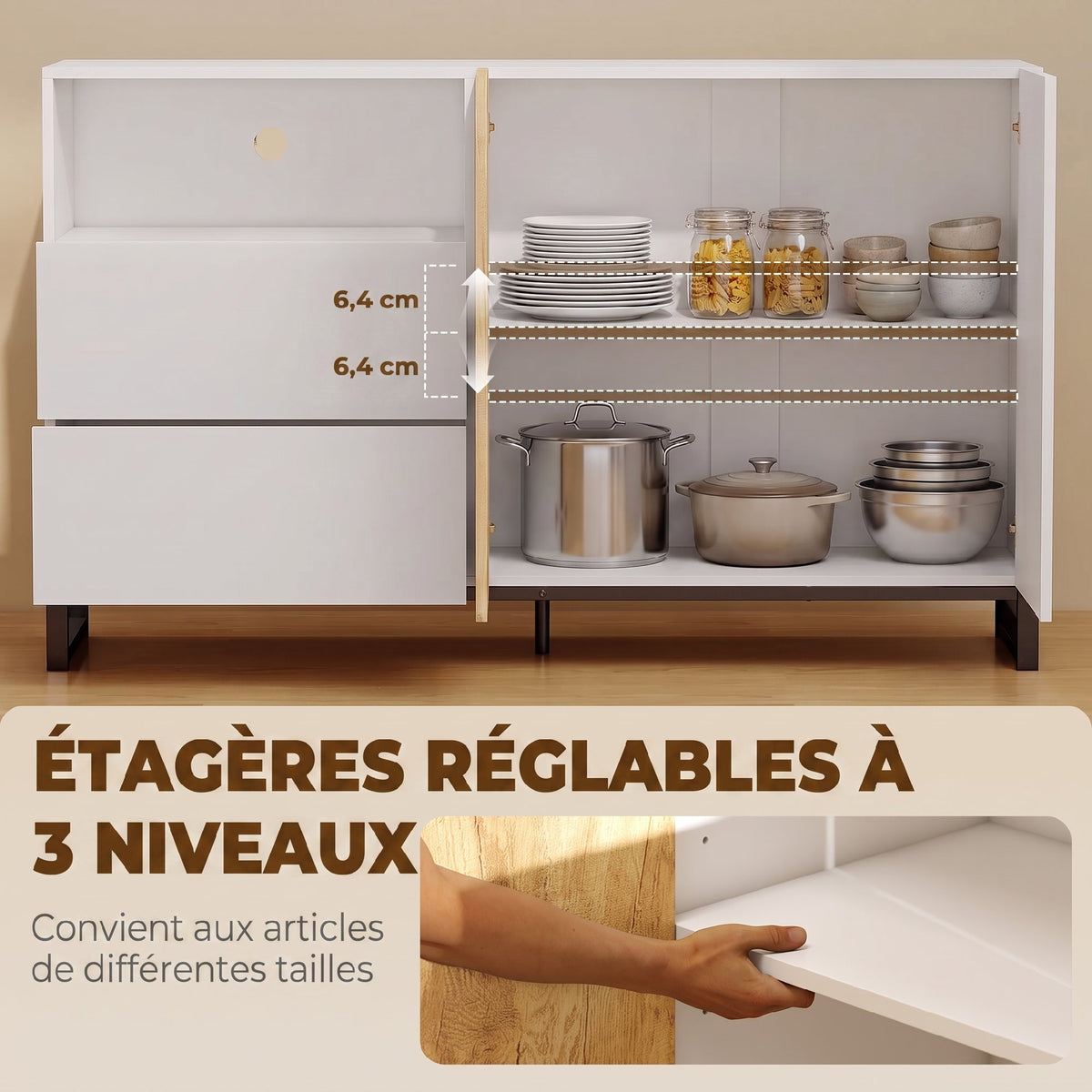 Buffet salon, meuble de rangement avec 2 portes à fermeture douce, 2 tiroirs et étagère réglable, blanc et chêne