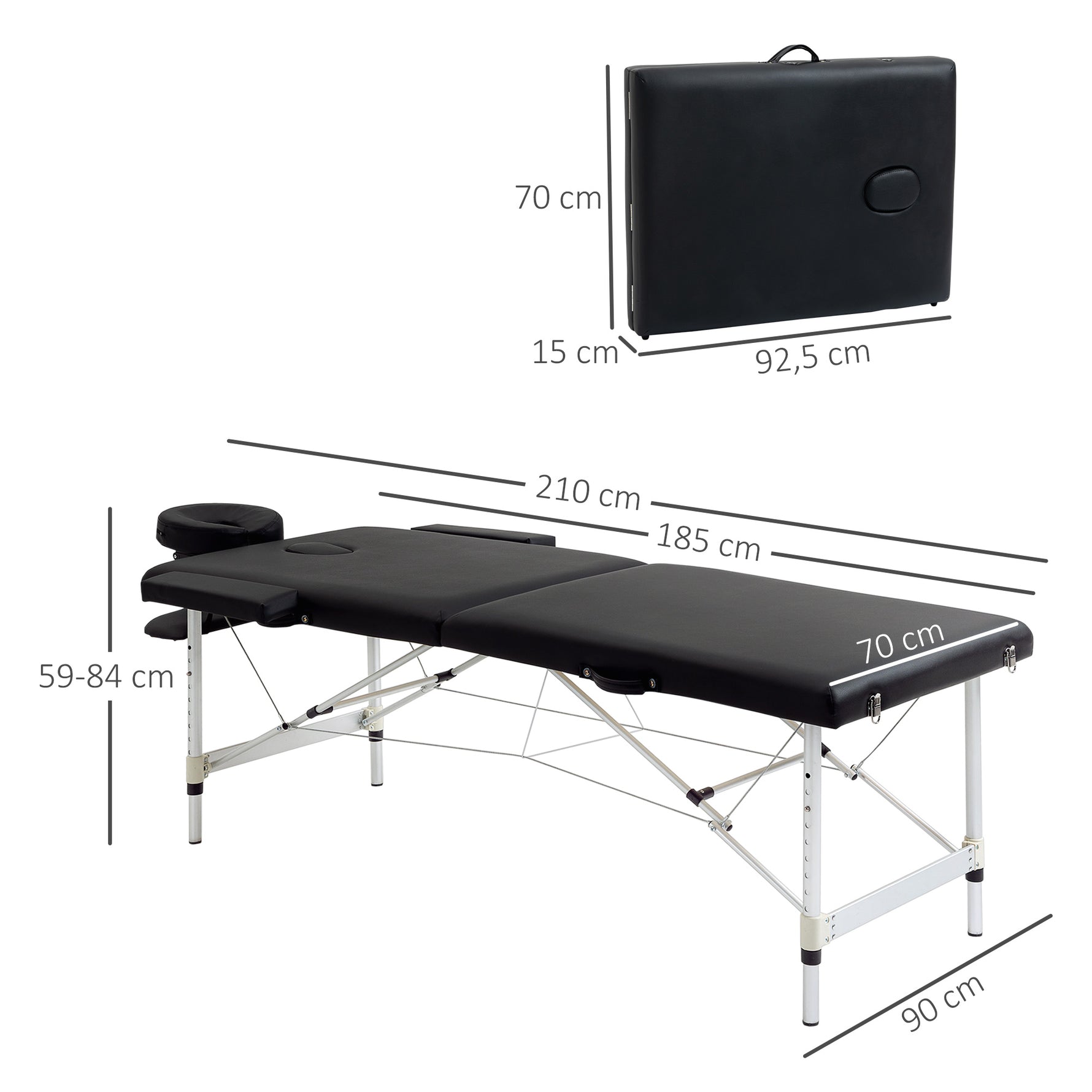 Table de massage pliable portable + housse de transport charge max. 225 Kg hauteur réglable 210 x 90 cm noir