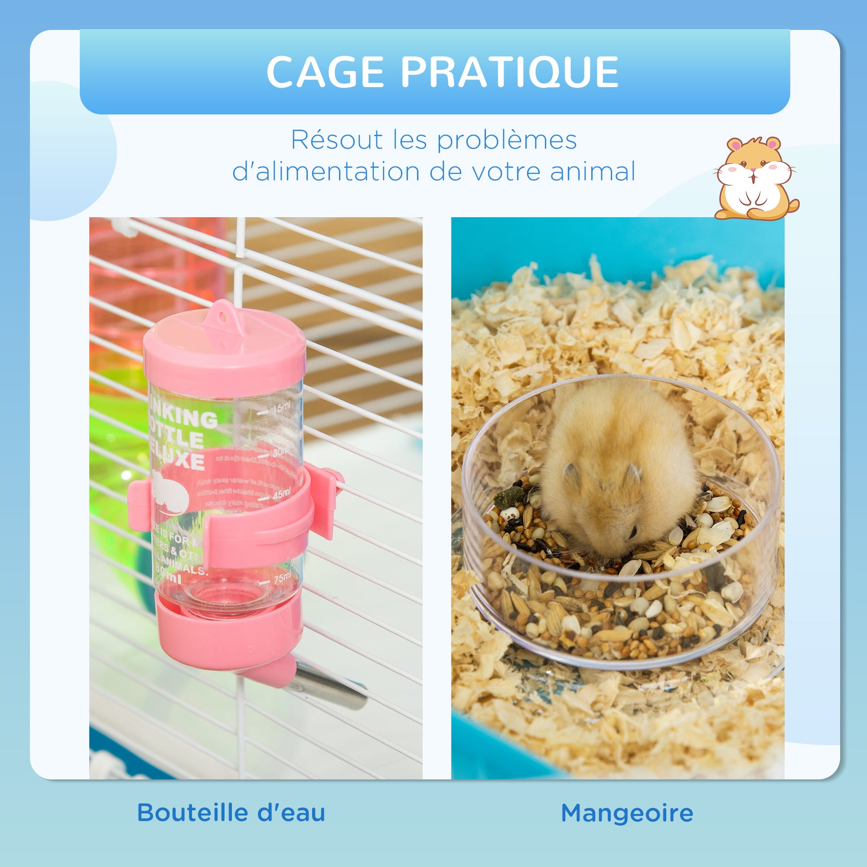Grande cage pour hamsters cage pour rongeur 5 niveaux avec tunnels abreuvoir roue maisonnette échelles dim. 59L x 36l x 69H cm