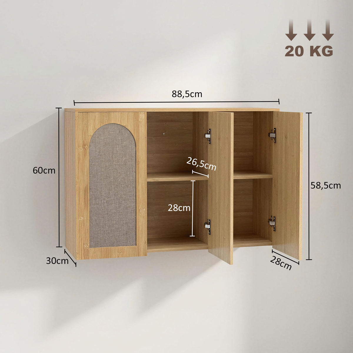 Armoire murale de salle de bain bohème avec 3 portes effet rotin à fermeture douce et étagère réglable, chêne