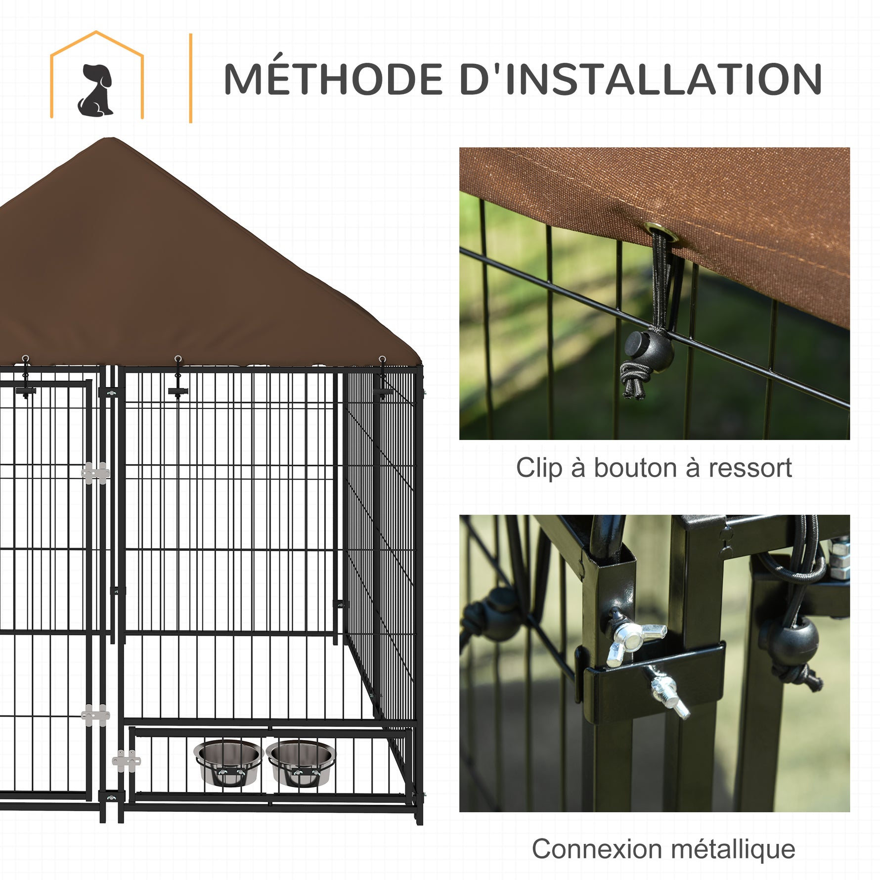 Chenil extérieur pour Chiens en métal et Tissu Oxford Support gamelle et Toit résistant aux intempéries Espace spacieux