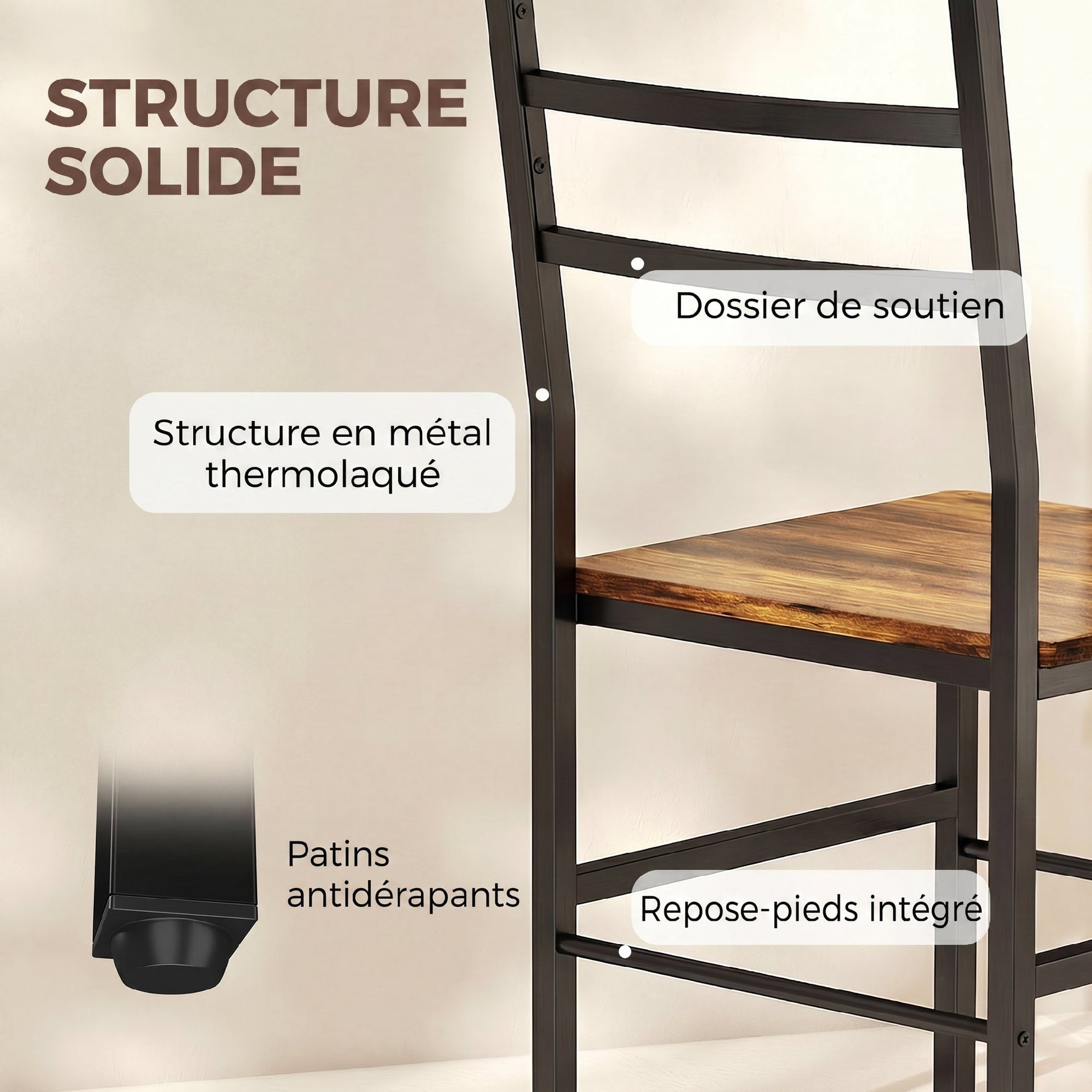 Ensemble table salle à manger avec 2 chaises, table de cuisine avec chaises pour 2 personnes, cadre en métal, marron