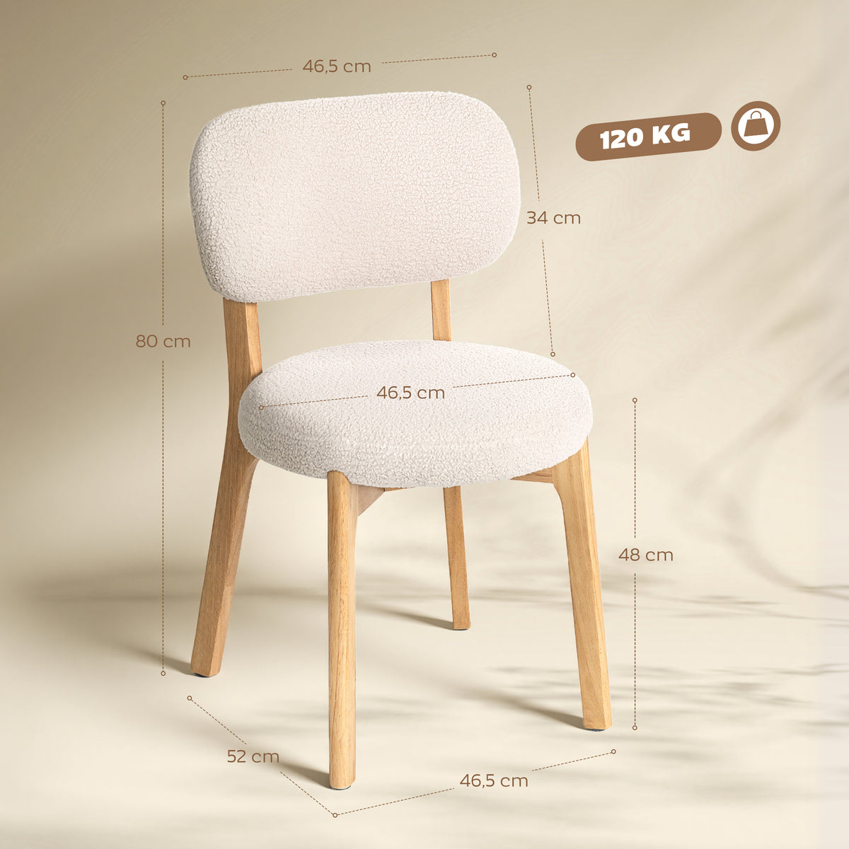 Lot de 2 chaises de salle à manger, chaises de cuisine rembourrées, pieds en bois d'hévéa, 46,5 x 52 x 80 cm, crème