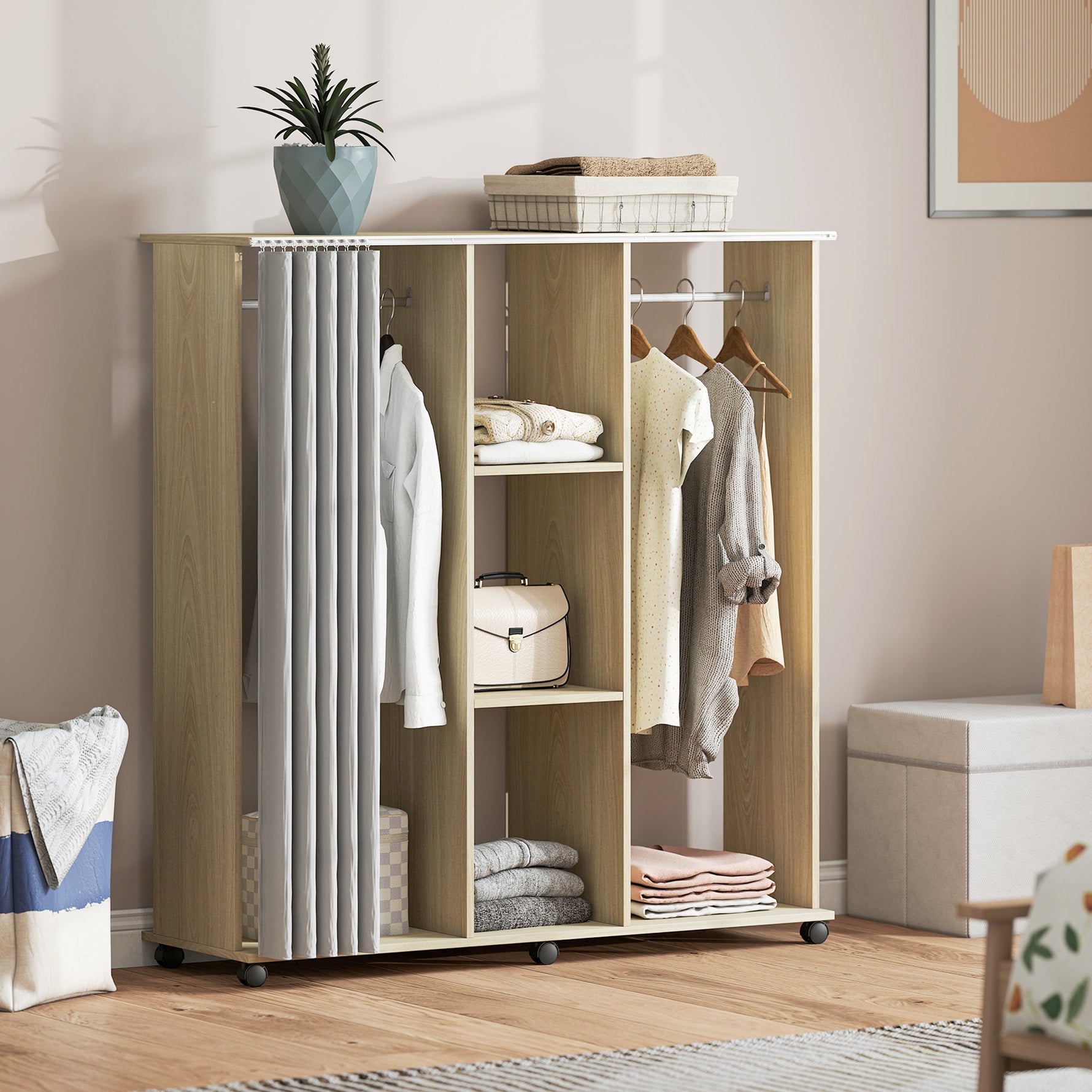 Armoire penderie Meuble de Rangement Mobile 6 roulettes 120L x 40l x 128H cm en bois naturel