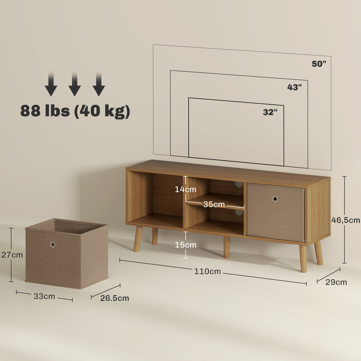 Meuble TV bas sur pieds style contemporain avec 2 tiroirs en tissu dim. 110L x 29l x 46,5H cm - passe-câbles - MDF