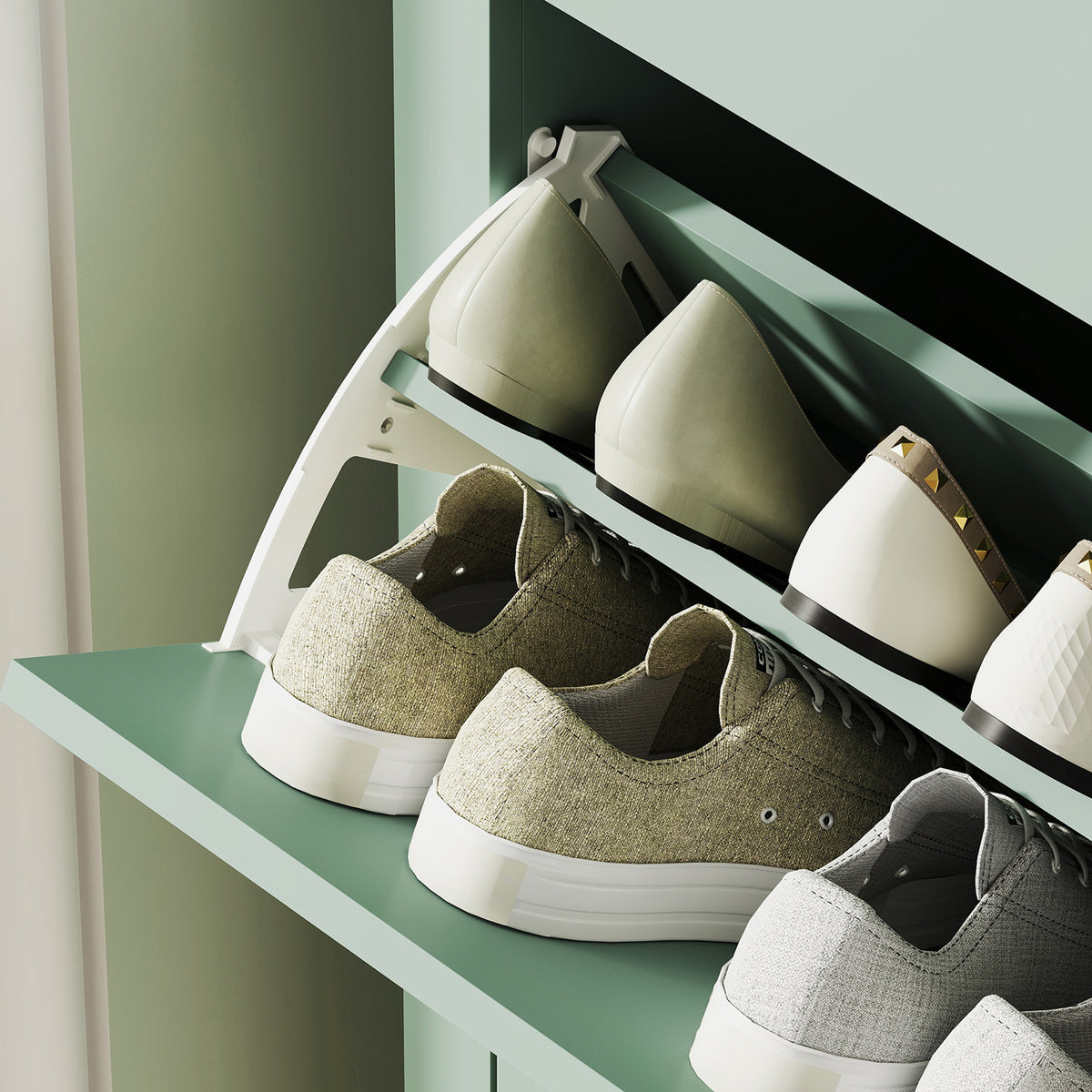 Meuble à chaussures 14 paires, armoire à chaussures avec 2 tiroirs rabattables, étagères amovibles et réglables, vert