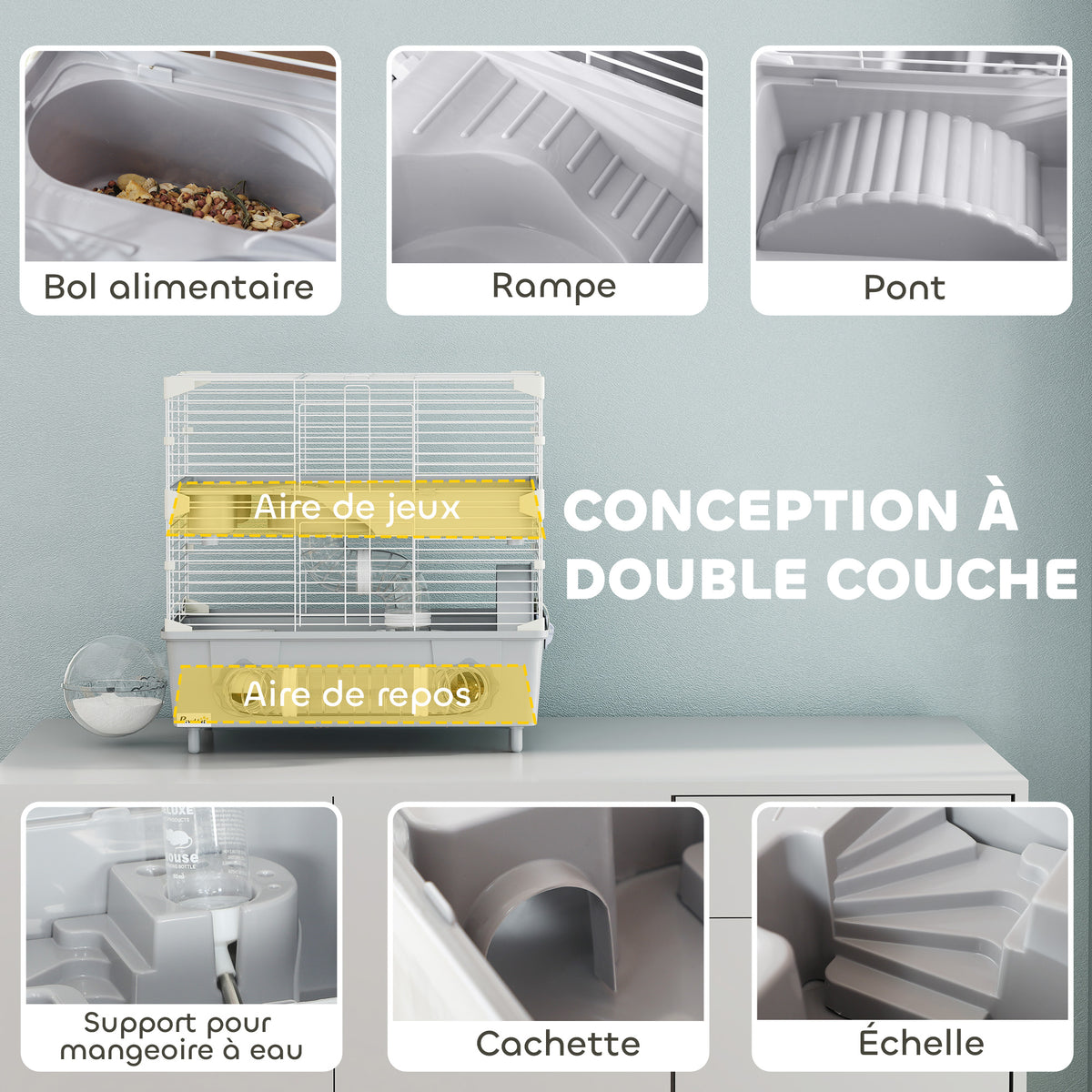 Gabbia per criceti a 2 livelli con ruota, bagno di sabbia per criceti nani 44,5 x 28 x 44 cm grigia