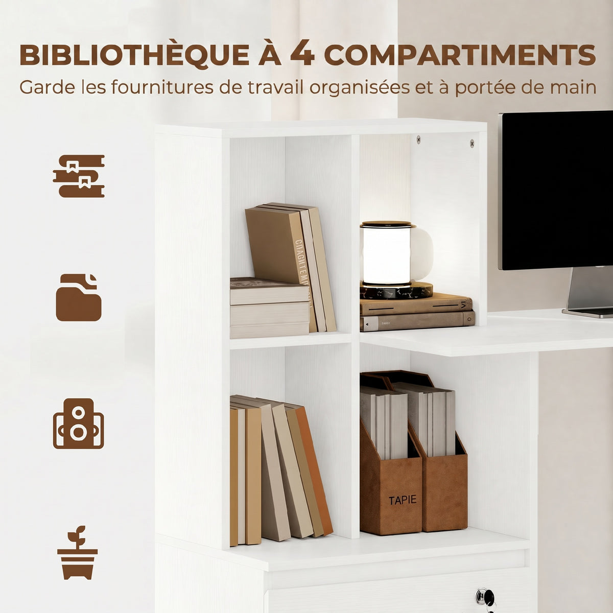 Scrivania con libreria a 4 scomparti e cassetto con serratura, 126 x 50 x 109 cm, venatura del legno bianca