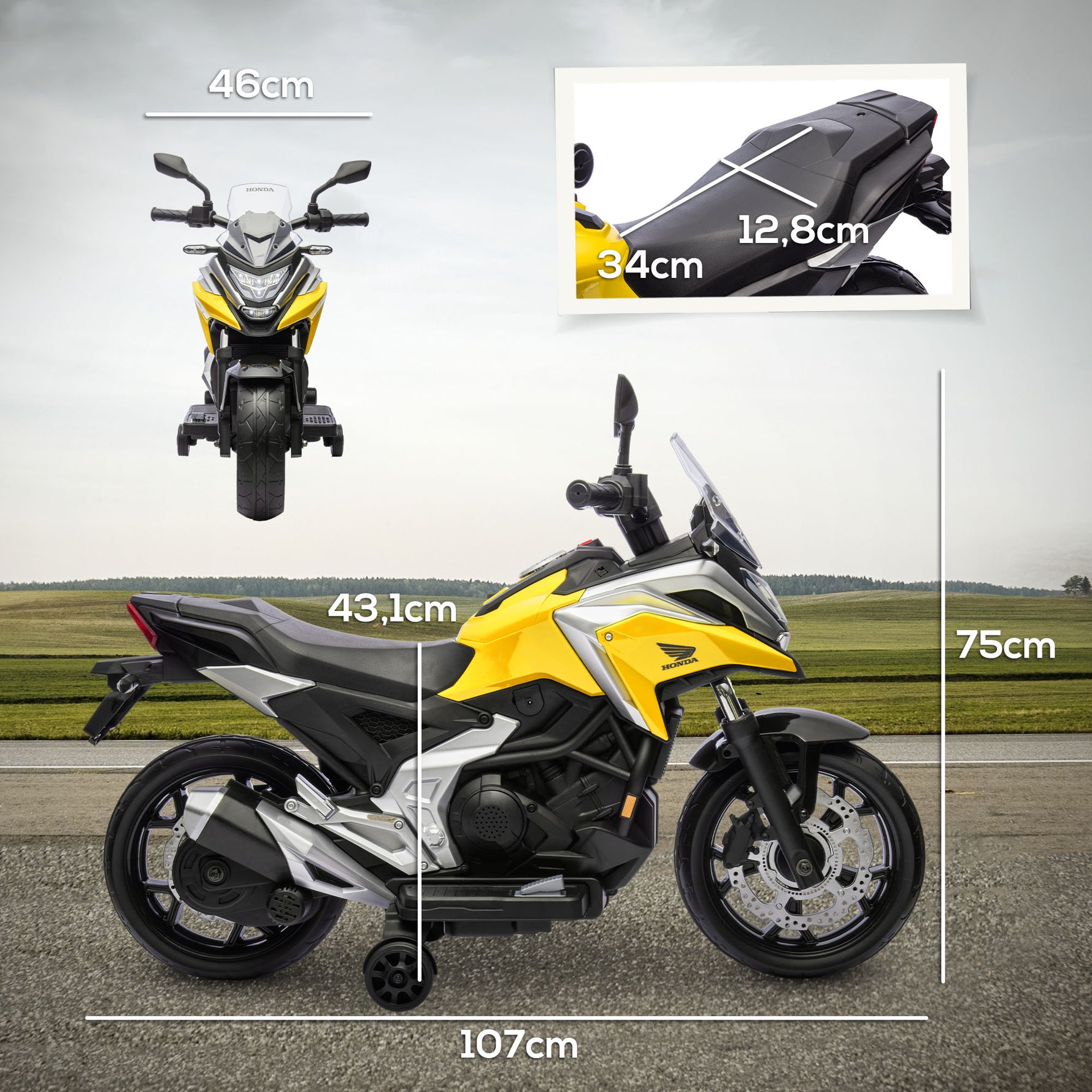 Moto électrique pour enfants moto porteur Honda pour enfants 3 à 6 ans avec musique, phares jaune