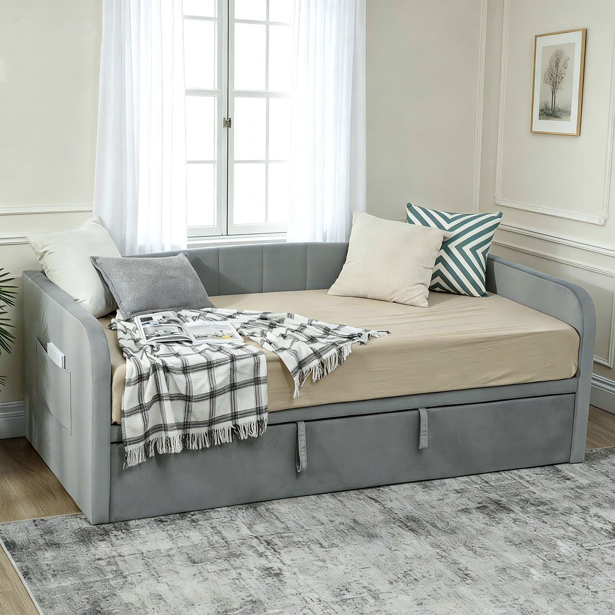 Ausziehbares Bett 90/180x190 cm, 3-Sitzer Schlafsofa, Lattenrost aus Holz, gepolstertes Kopfteil aus Samt, Grau