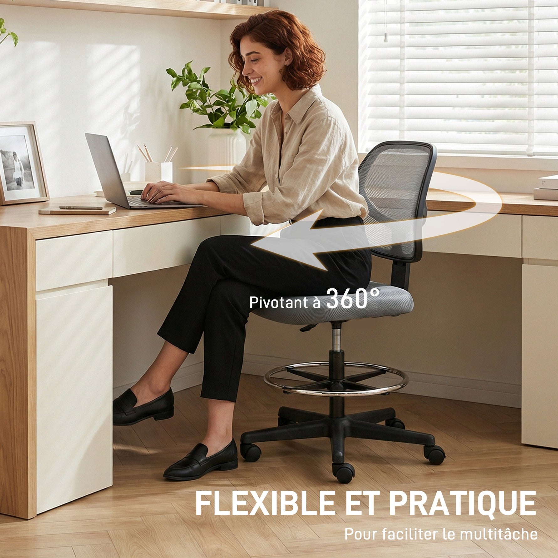 Chaise bureau ergonomique, fauteuil de bureau avec repose-pieds, chaise à dessin en maille, hauteur réglable, gris foncé