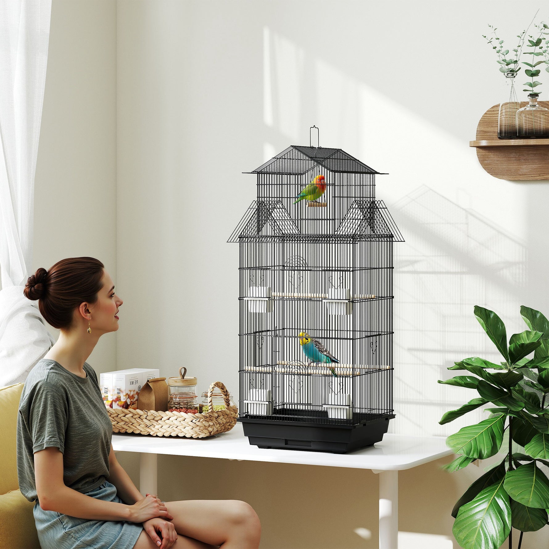 Cage à oiseaux volière avec balançoire poignée portable 4 mangeoires 3 perchoirs 50,5 x 41 x 104 cm en acier noir