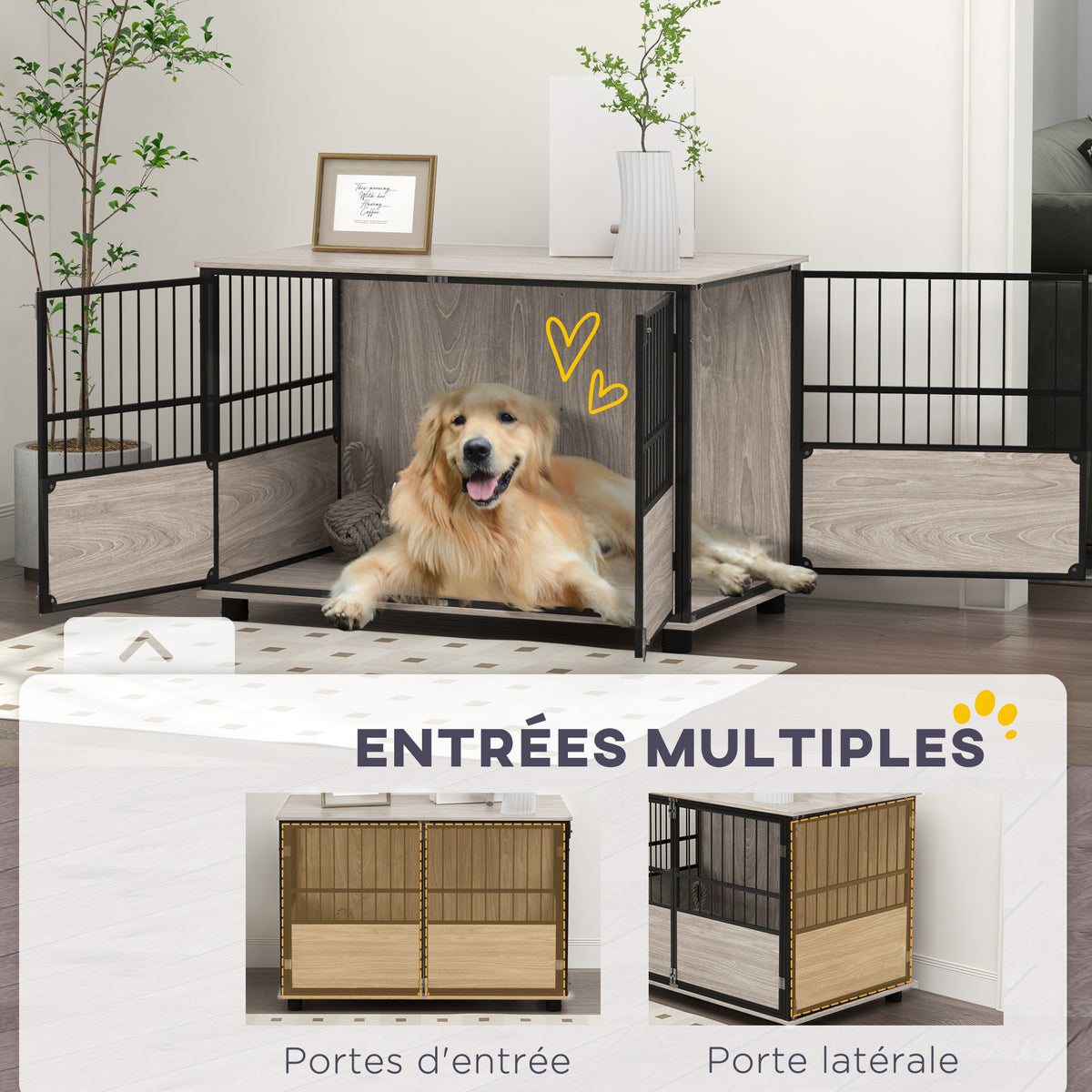 Cage pour chien intérieur, table d'appoint, 100 x 60 x 68 cm, niche, 3 portes verrouillables,  aspect bois noir