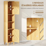 Armoire salle de bain, meuble de rangement colonne, portes en bambou, étagères réglables, 32x30x170cm, bois naturel