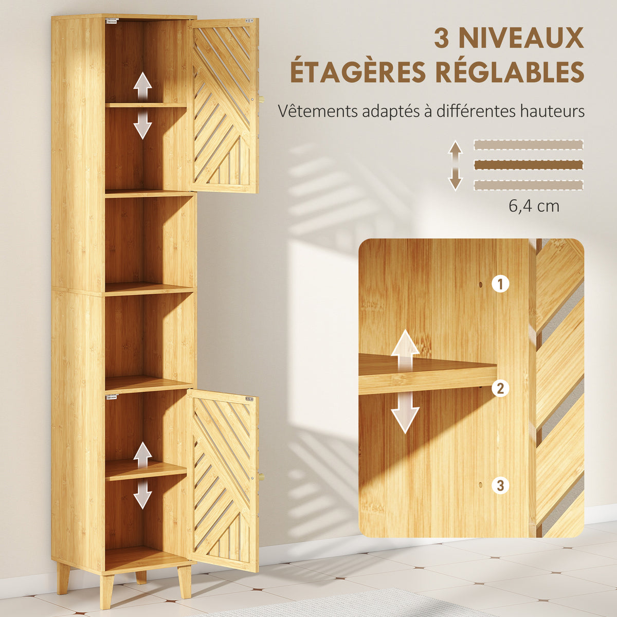 Armoire salle de bain, meuble de rangement colonne, portes en bambou, étagères réglables, 32x30x170cm, bois naturel