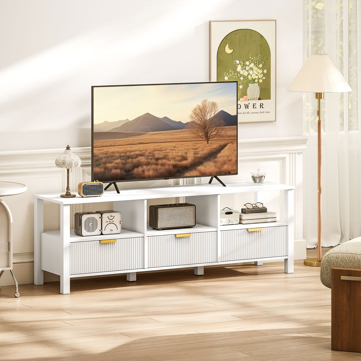 Meuble TV 152 cm, meuble télé pour téléviseur 65 pouces avec 3 tiroirs et 3 étagères ouvertes, 152x39,5x50cm, blanc