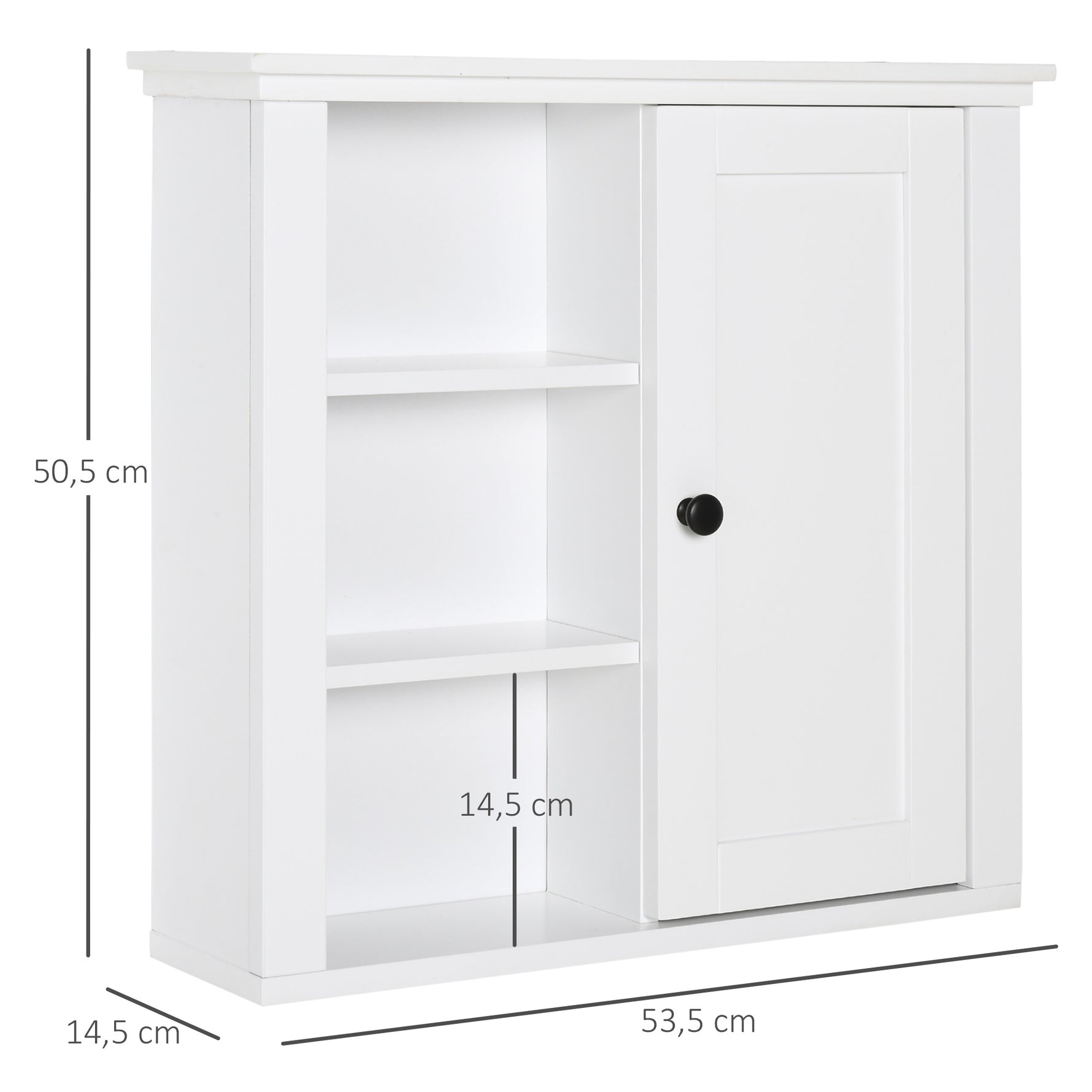 Armoire Murale de Salle de Bain Meuble Suspendu WC Placard 1 Porte 3 niches dim. 53L x 14,5l x 50,5H cm en bois Blanc
