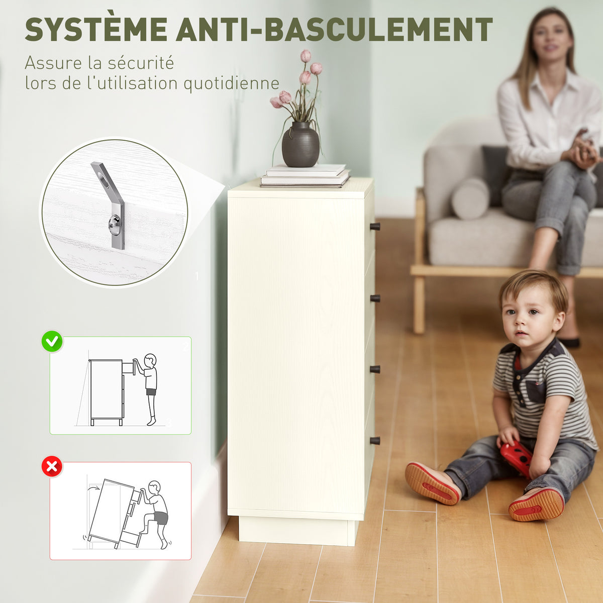 Commode 4 tiroirs moderne, meuble de rangement pour chambre à coucher, salon, entrée, 47 x 29 x 75 cm, crème