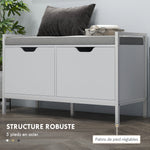 Banc meuble à chaussures, 2 placards, meuble d'entrée avec coussin rembourrée, 84l x 35P x 50H cm, blanc