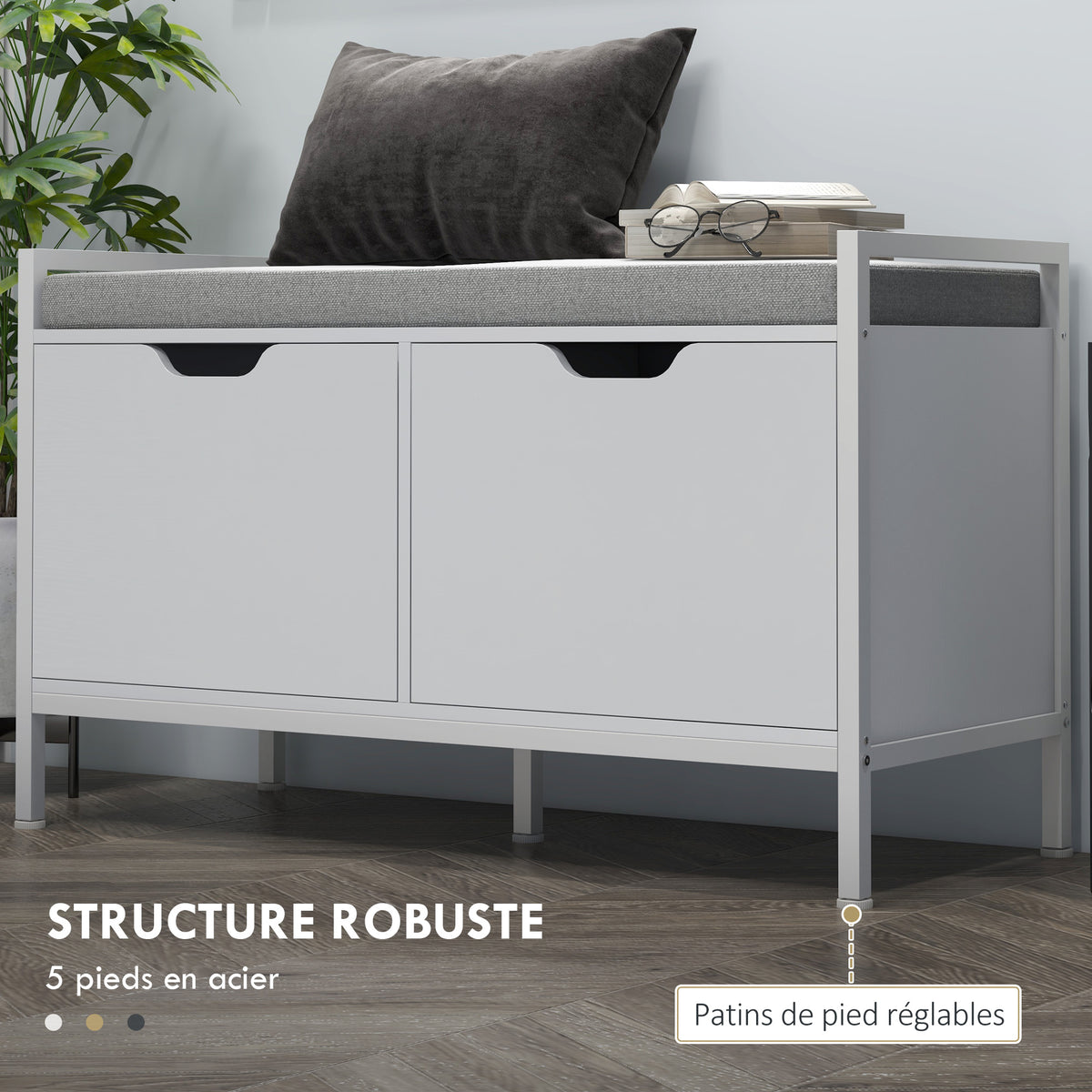 Banc meuble à chaussures, 2 placards, meuble d'entrée avec coussin rembourrée, 84l x 35P x 50H cm, blanc