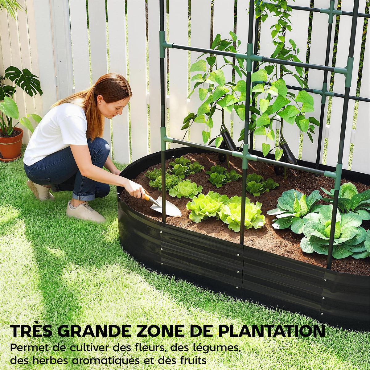 Jardinière avec treillis arqué, bac à fleurs en métal avec fond ouvert, gants inclus, 160x90x180cm, gris foncé