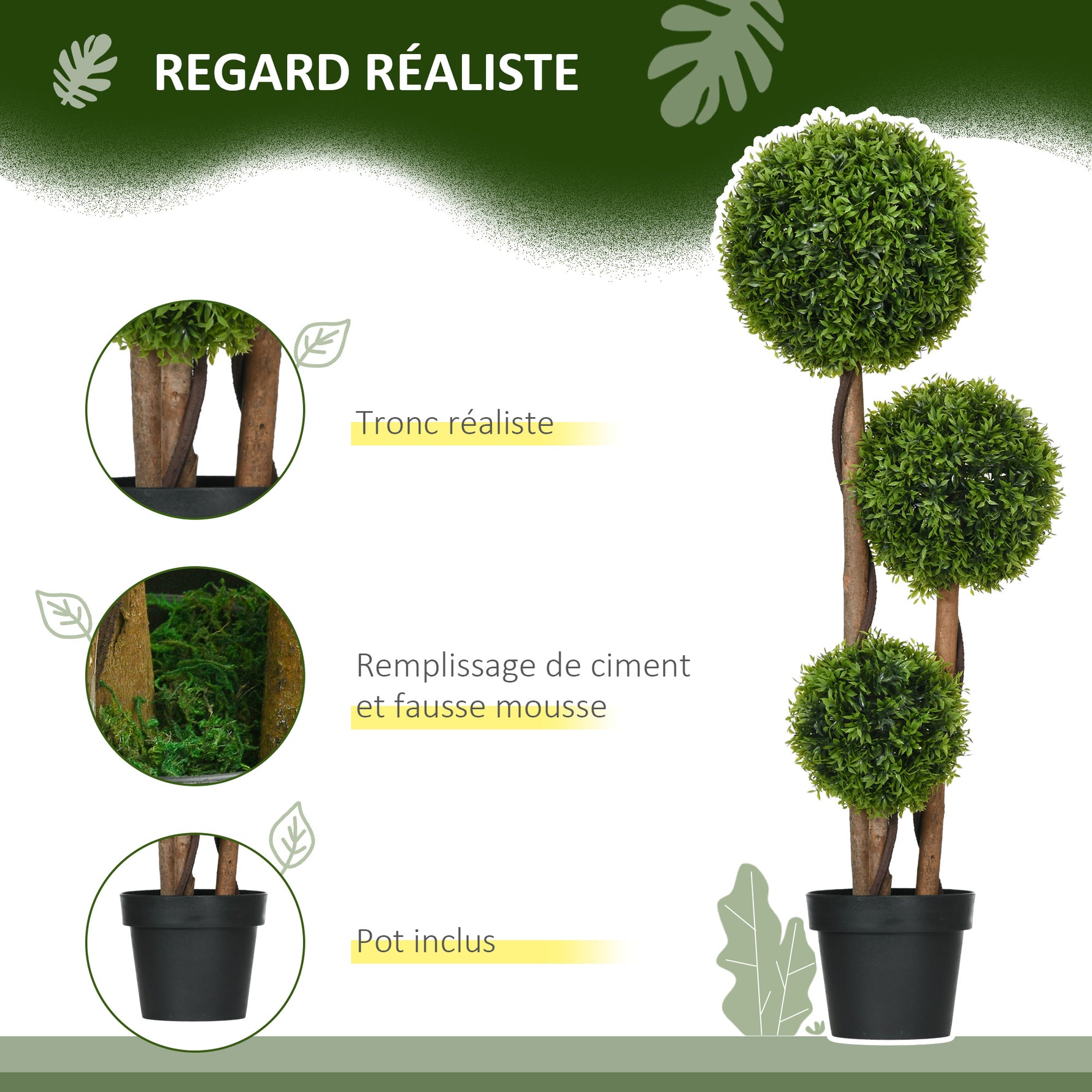 Arbre artificiel buis avec 3 boules feuilles de bambou pot inclus intérieur et extérieur hauteur 110 cm vert