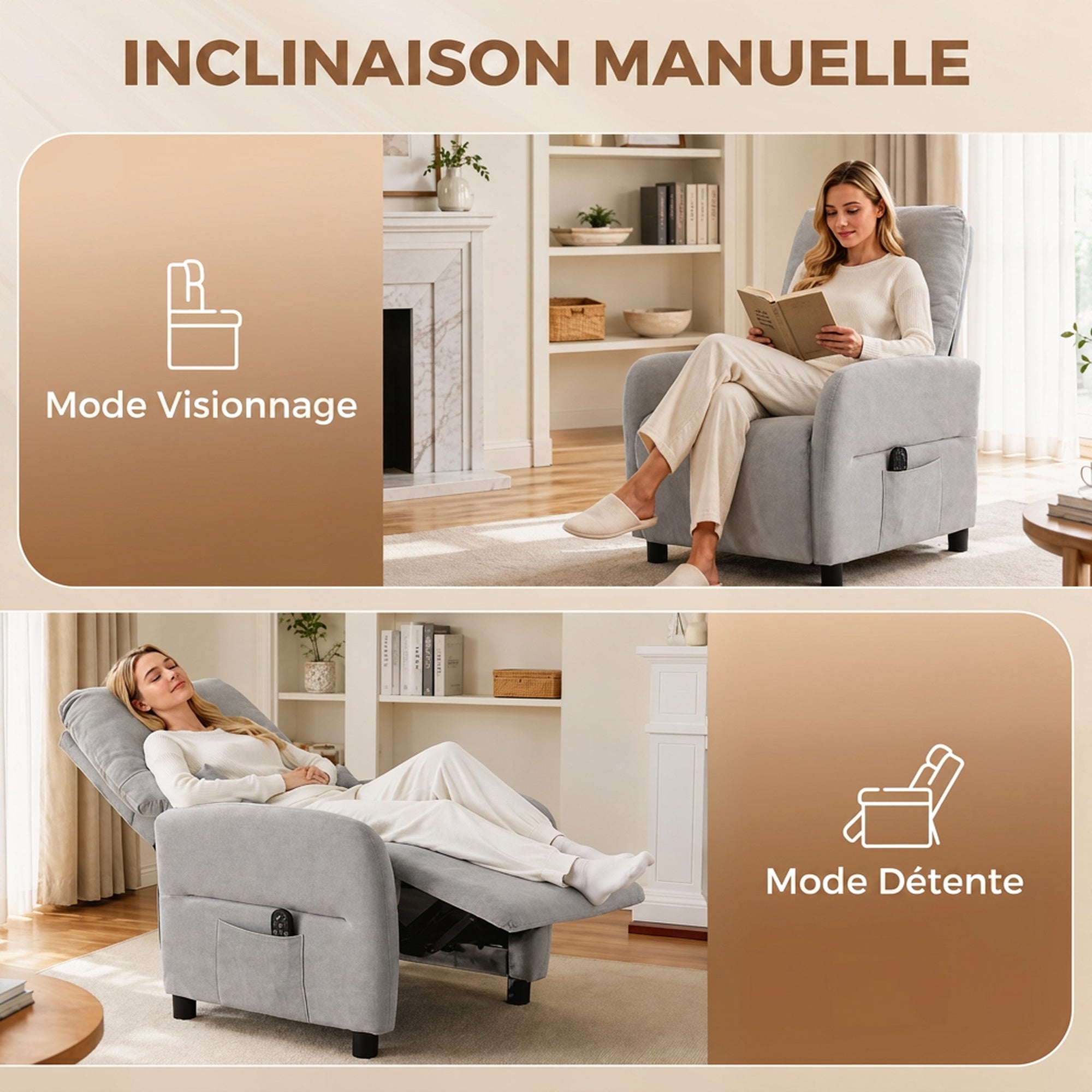 Fauteuil Inclinable de Massage par Vibration et Chauffage, Fauteuil de Relaxation en Tissu Éponge Bouclé, Gris