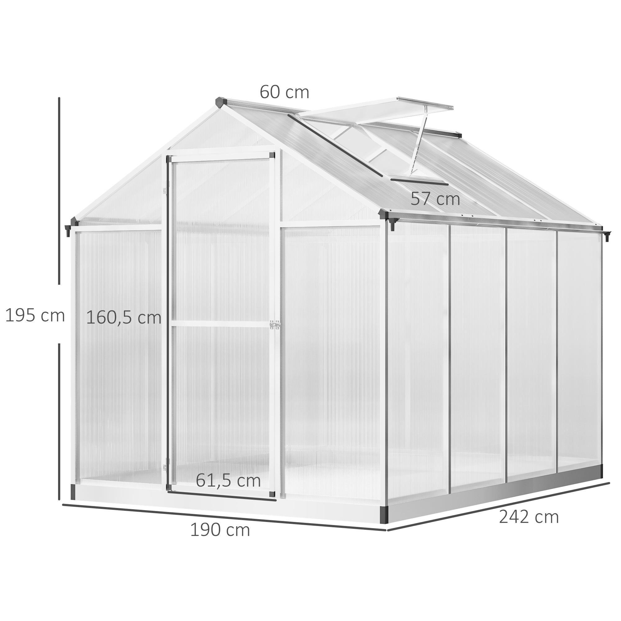 Serre de jardin en aluminium polycarbonate, serre avec fenêtres supérieures réglables, porte battante, abri extérieur résistant aux intempéries pour plante fleur, 242x190x195 cm, transparent