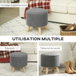 Pouf rond repose-pieds tabouret avec coffre de rangement pieds en bois design moderne gris