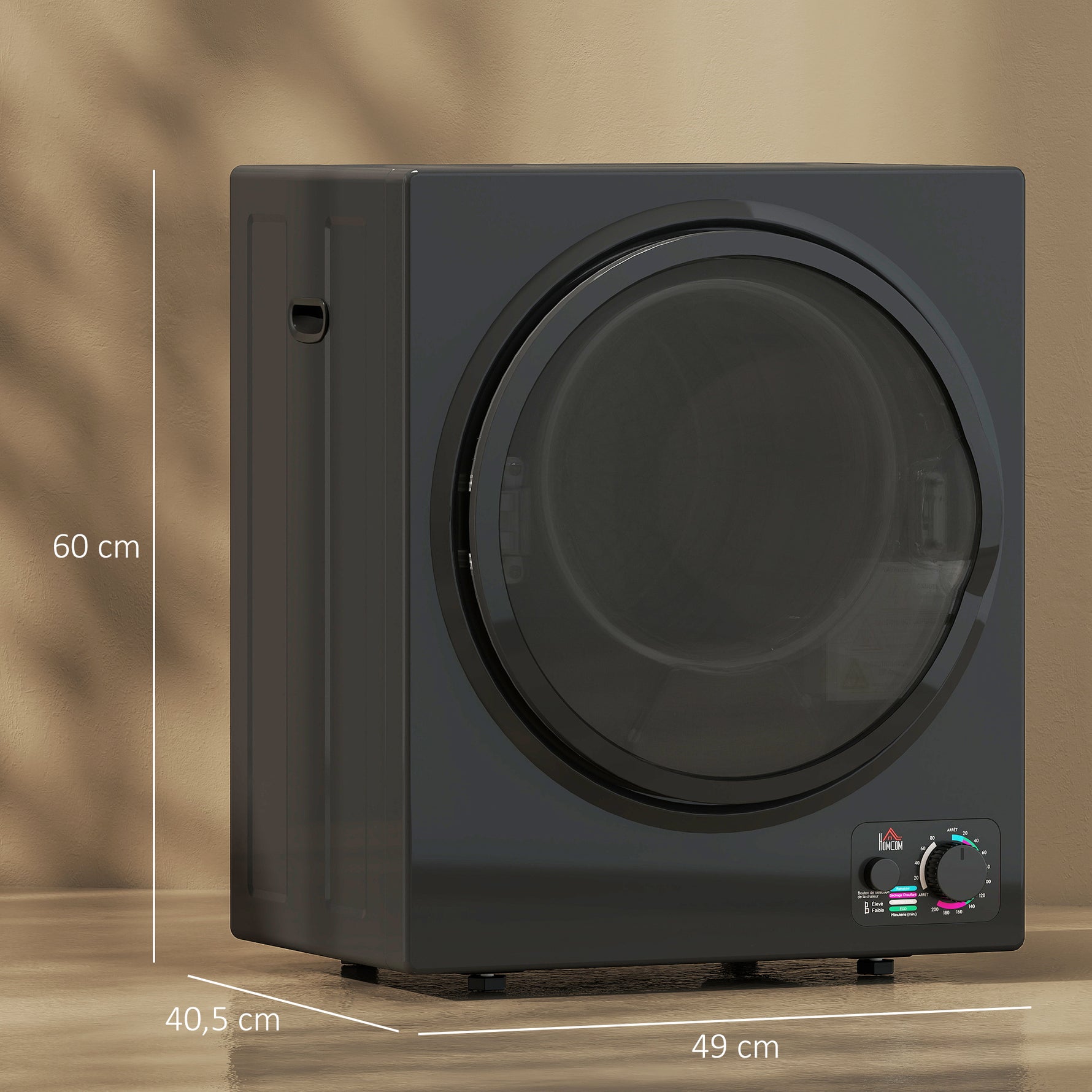 Sèche-linge électrique portable 850W, capacité 33L 4 modes de fonctionnement, acier inoxydable, 49 x 40,5 x 60 cm, noir