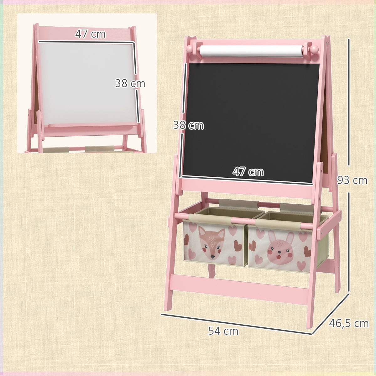 Kids' double-sided easel chalkboard with paper roll, 2 baskets, 54 x 46.5 x 93 cm, pink